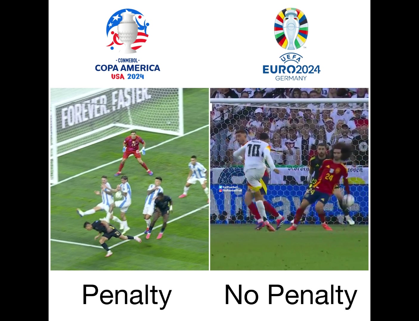  国外博主对比欧洲杯和美洲杯的判罚区别：德保罗手球（给点）和库库手球（不